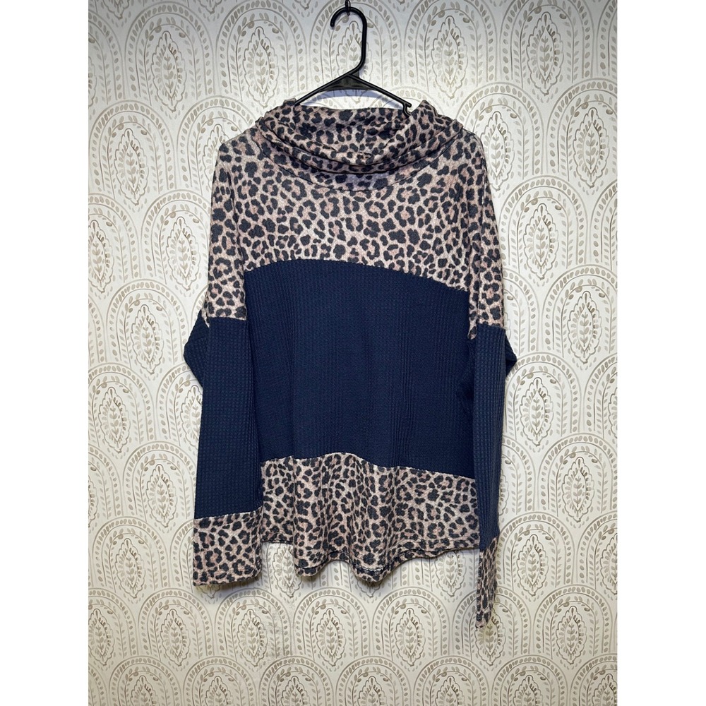 Womens 2X‎ Leopard Print Cowl Neck Thermal Waffle Knit Top Navy Blue